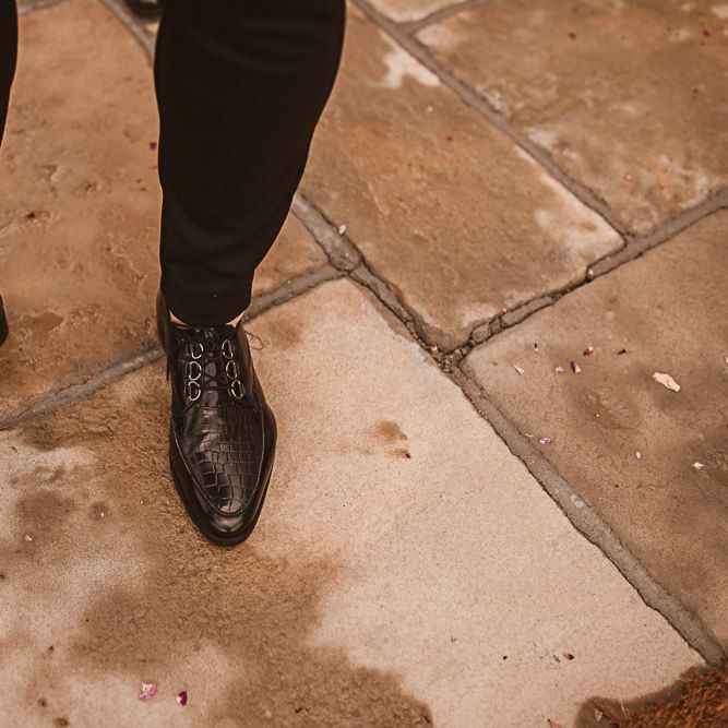 Groom in Winkle Picker Shoes with Croc Effect