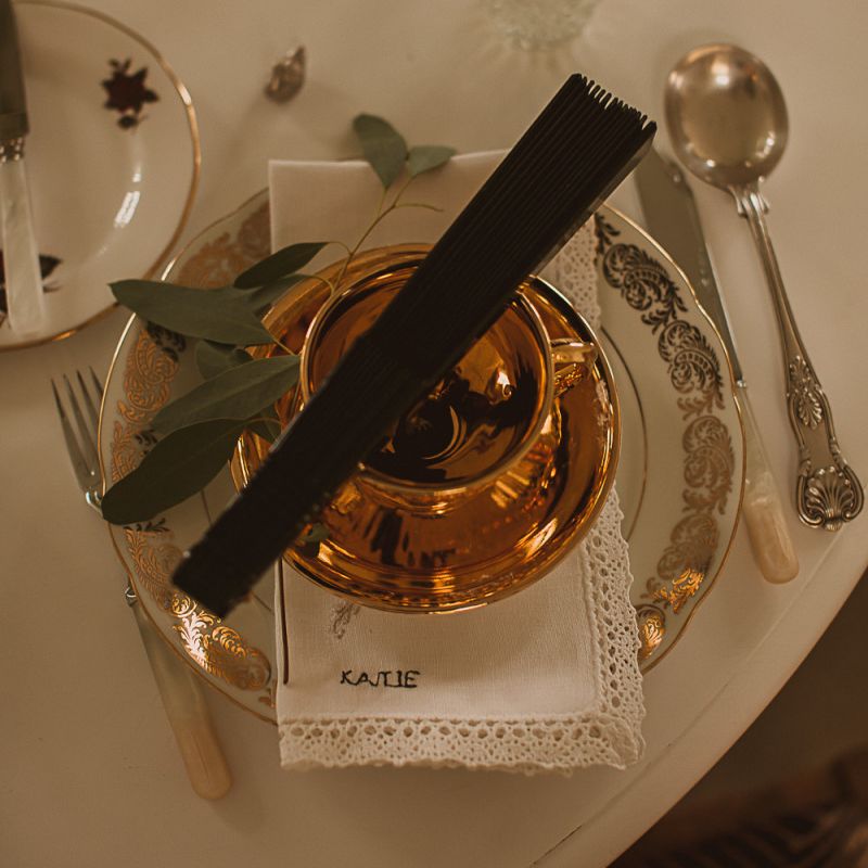 Female Place Setting with Personalised Hanker Chief and Fan Wedding Favours