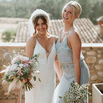 Dove Blue Bridesmaid Dresses With Bride In Feather Headdress
