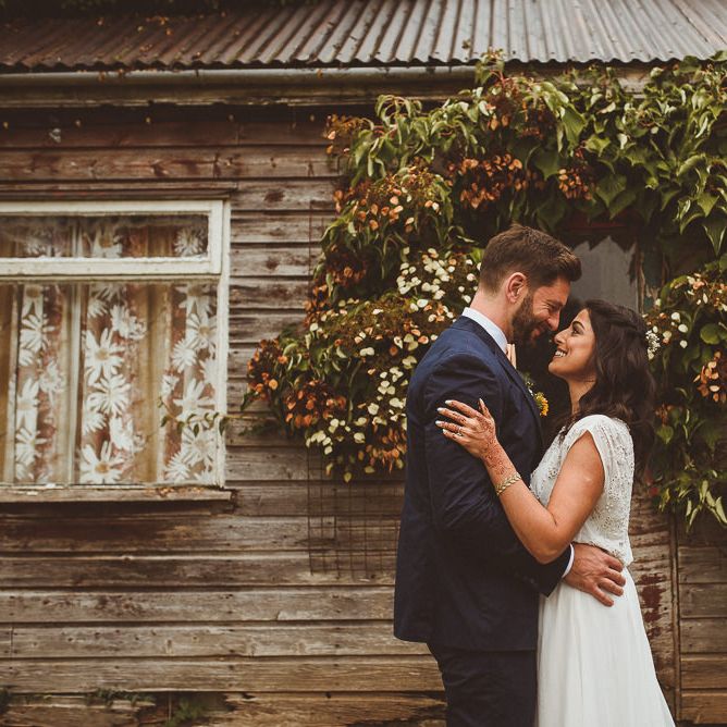 Bride in Gatsby Lady Gown | Groom in Navy Reiss Suit | Fusion Rustic Indian Country Wedding at The Green Cornwall | Matt Penberthy Photography