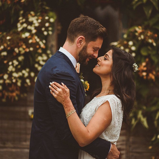 Bride in Gatsby Lady Gown | Groom in Navy Reiss Suit | Fusion Rustic Indian Country Wedding at The Green Cornwall | Matt Penberthy Photography