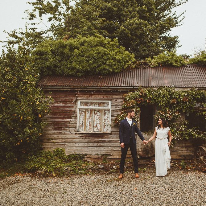 Bride in Gatsby Lady Gown | Groom in Navy Reiss Suit | Fusion Rustic Indian Country Wedding at The Green Cornwall | Matt Penberthy Photography