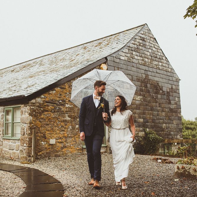 Bride in Gatsby Lady Gown | Groom in Navy Reiss Suit | Fusion Rustic Indian Country Wedding at The Green Cornwall | Matt Penberthy Photography