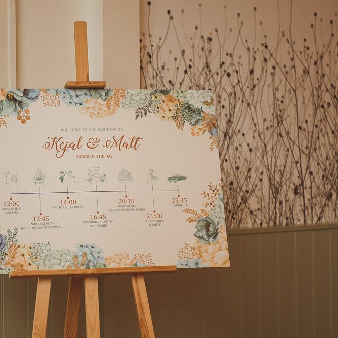 Order of The Day with Peach &amp; Blue Floral Illustration | Fusion Rustic Indian Country Wedding at The Green Cornwall | Matt Penberthy Photography