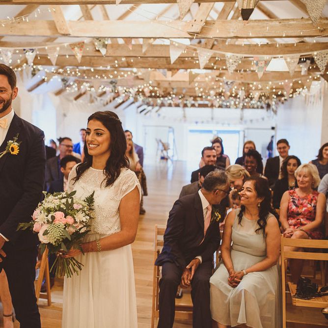 Wedding Ceremony | Bride in Gatsby Lady Gown | Groom in Navy Reiss Suit | Fusion Rustic Indian Country Wedding at The Green Cornwall | Matt Penberthy Photography