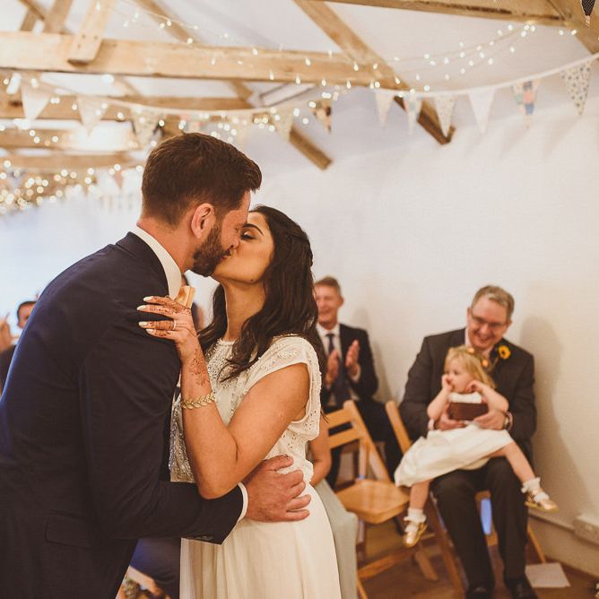 Wedding Ceremony | Bride in Gatsby Lady Gown | Groom in Navy Reiss Suit | Fusion Rustic Indian Country Wedding at The Green Cornwall | Matt Penberthy Photography