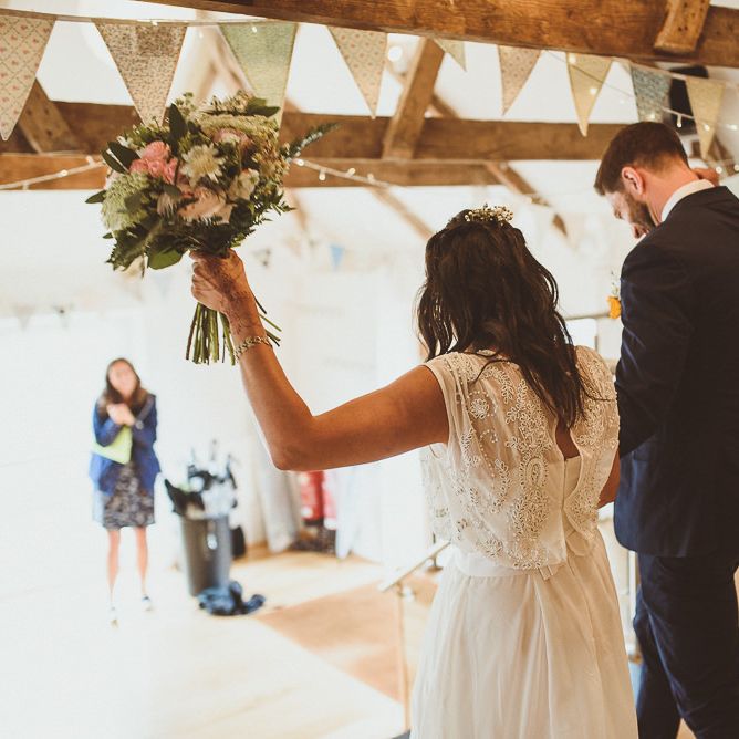 Wedding Ceremony | Bride in Gatsby Lady Gown | Groom in Navy Reiss Suit | Fusion Rustic Indian Country Wedding at The Green Cornwall | Matt Penberthy Photography