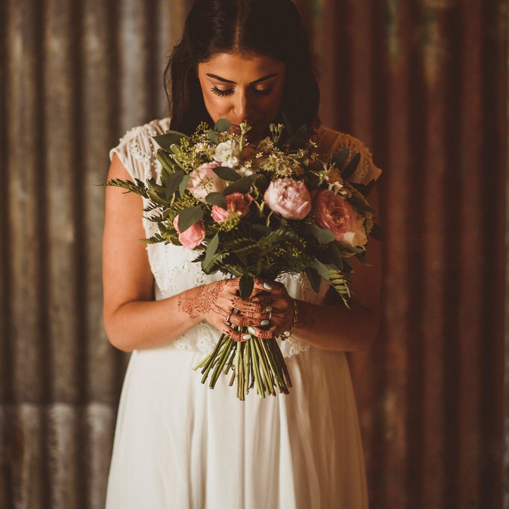 Bride in Gatsby Lady Gown | Romantic Rose Bouquet | Fusion Rustic Indian Country Wedding at The Green Cornwall | Matt Penberthy Photography