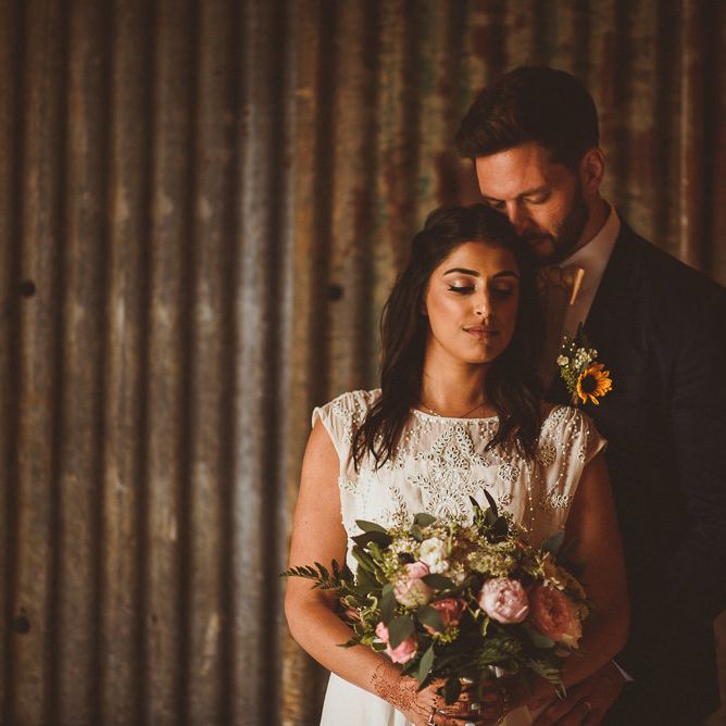 Bride in Gatsby Lady Gown | Groom in Navy Reiss Suit | Fusion Rustic Indian Country Wedding at The Green Cornwall | Matt Penberthy Photography