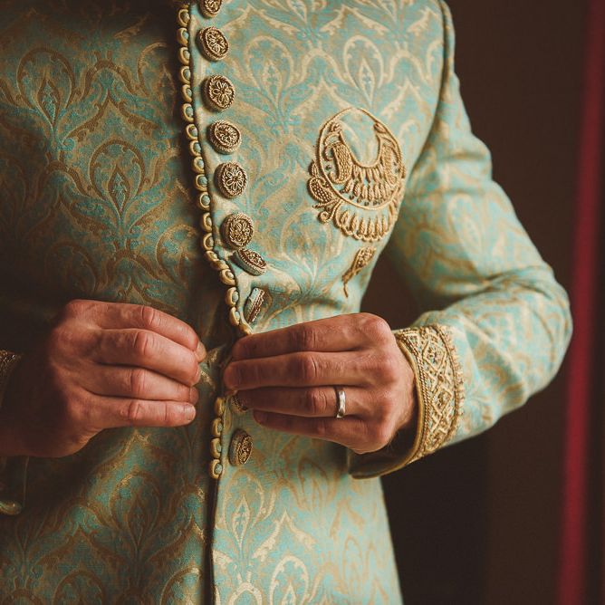 Groom’s Indian Suit  | Fusion Rustic Indian Country Wedding at The Green Cornwall | Matt Penberthy Photography