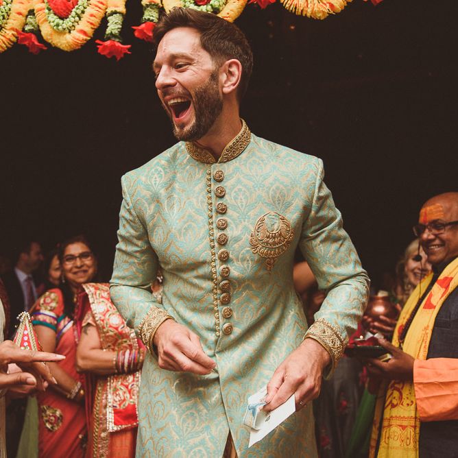 Groom in Traditional Indian Attire | Fusion Rustic Indian Country Wedding at The Green Cornwall | Matt Penberthy Photography