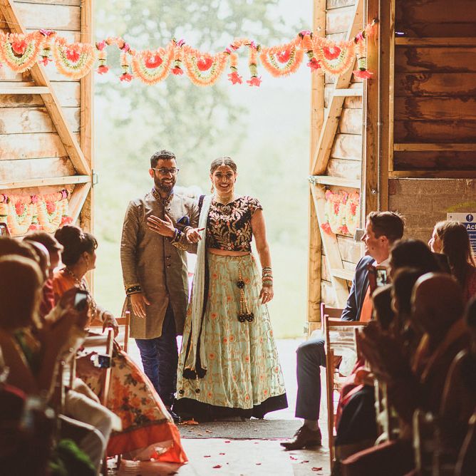 Wedding Ceremony Bridal Entrance in Traditional Indian Dress | Fusion Rustic Indian Country Wedding at The Green Cornwall | Matt Penberthy Photography