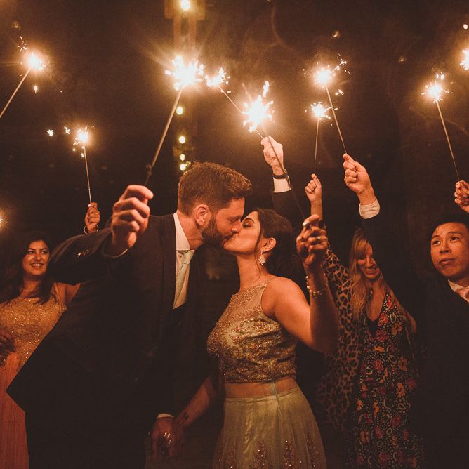 Bride &amp; Groom Sparkler Moment | Fusion Rustic Indian Country Wedding at The Green Cornwall | Matt Penberthy Photography