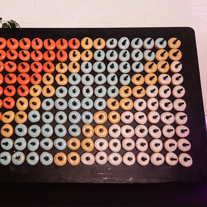 Donut Wall For Wedding // London Wedding Venue For 300 People Trinity Buoy Wharf With Bride In Suzanne Neville And Images From Paul Joseph Photography Film This Modern Revelry