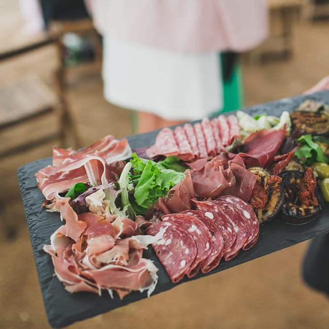 Antipasti Platter For Wedding // Rainy Festival Wedding In East Sussex With Bride In Rime Arodaky And Black Biker Boots And Bridesmaids In White Dresses With Silent Disco Party Images By Jesus Caballero