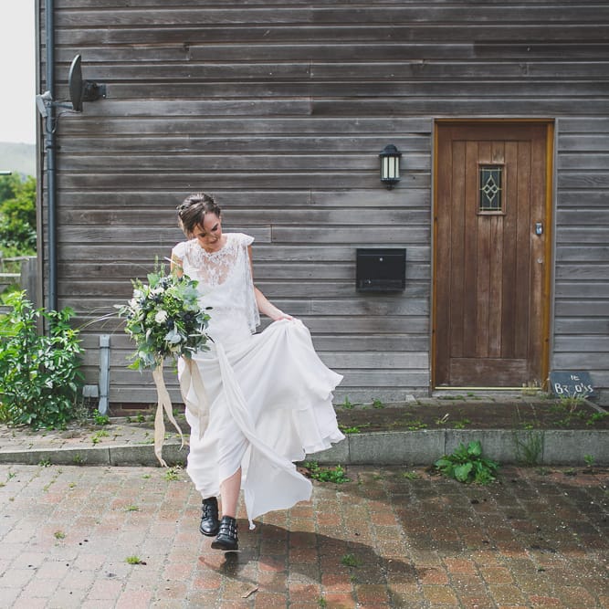 Rainy Festival Wedding In East Sussex With Bride In Rime Arodaky And Black Biker Boots And Bridesmaids In White Dresses With Silent Disco Party Images By Jesus Caballero