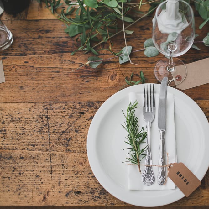 Simple Place Setting For Wedding // Rainy Festival Wedding In East Sussex With Bride In Rime Arodaky And Black Biker Boots And Bridesmaids In White Dresses With Silent Disco Party Images By Jesus Caballero