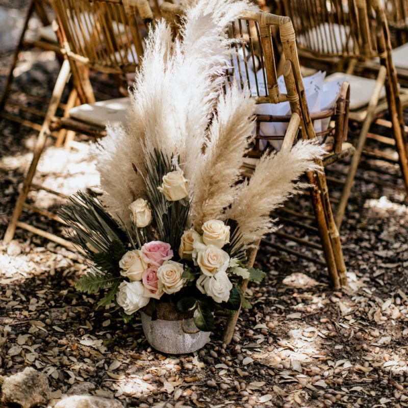 Wedding Ceremony Flowers with Pink and Cream Roses and Pampas Grass