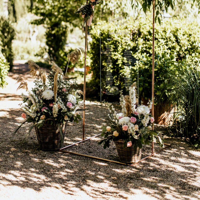 Acrylic Table Plan on Copper Frame with Flower Basket Arrangements