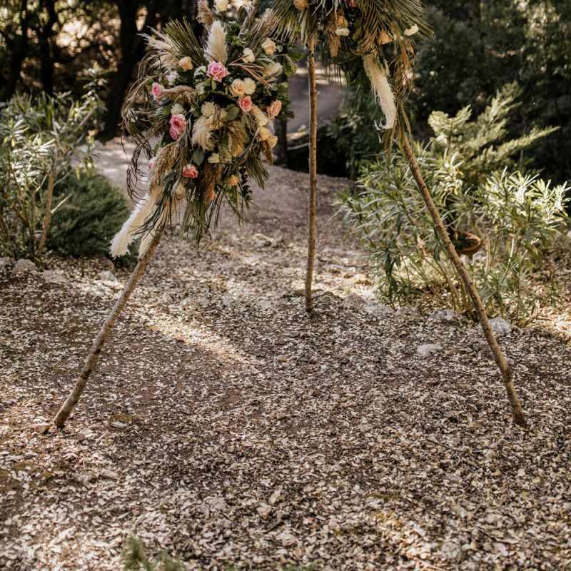 Naked Tipi Altar with Blush Pink and Cream Roses and Pampas Grass Floral Decor
