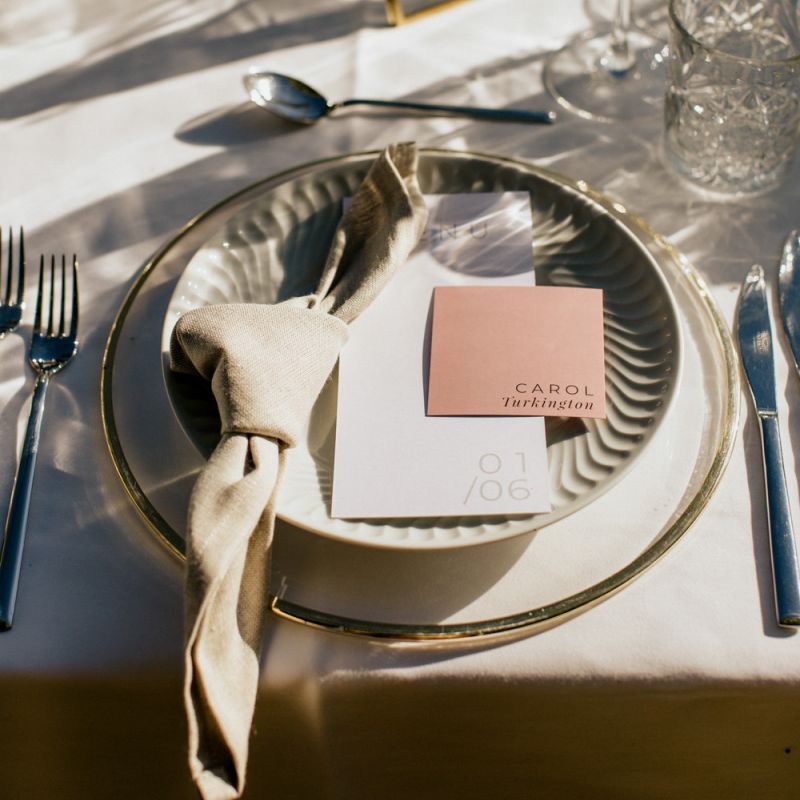 Contemporary Place Setting with Grey Platter and Blush Name Place Tag