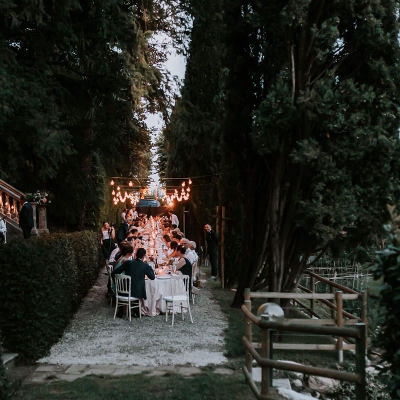 Festoon lit wedding breakfast outside