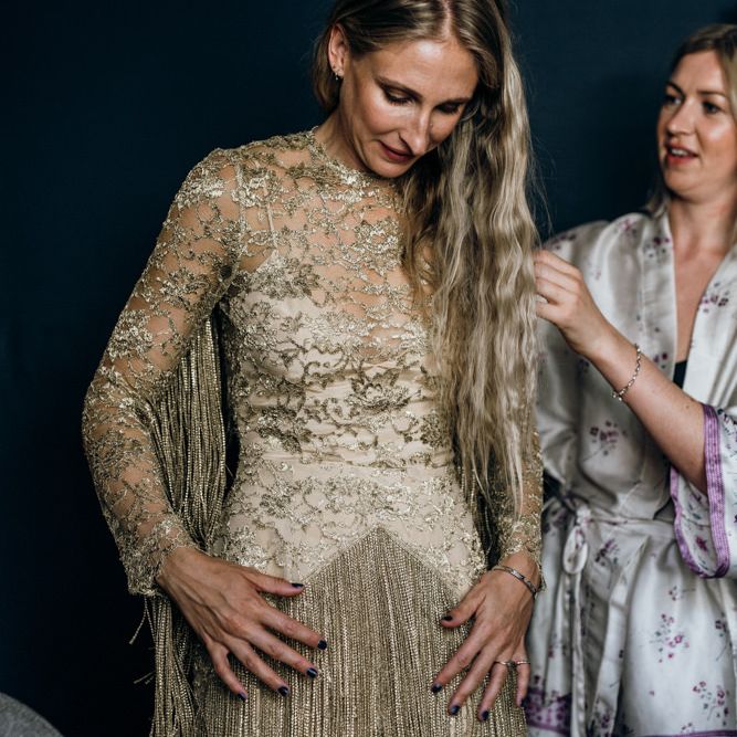 Bespoke Gold Fringe Bride Dress with lace Detail