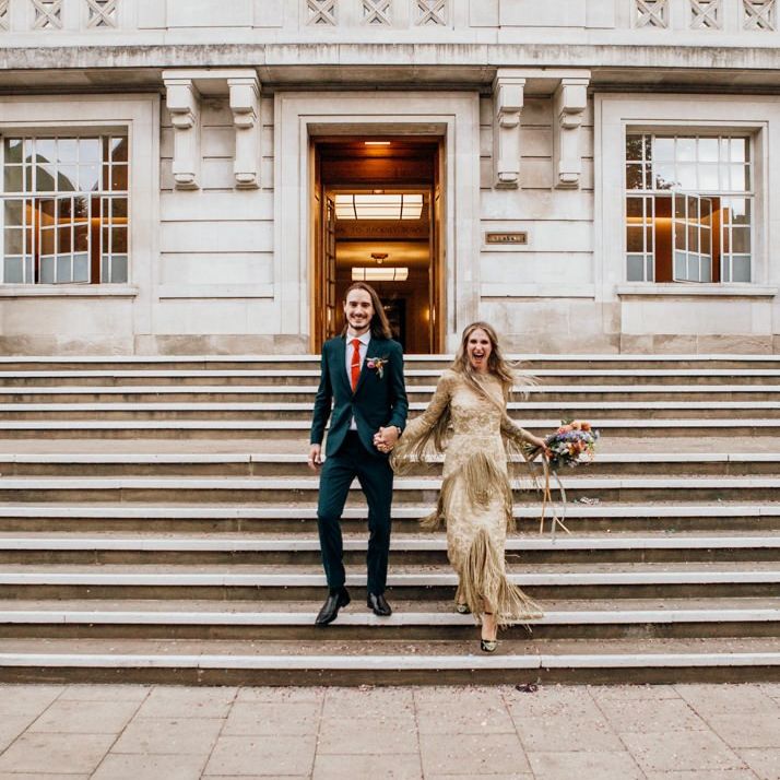 Bride and Groom Outside Town Hall Wedding Ceremony