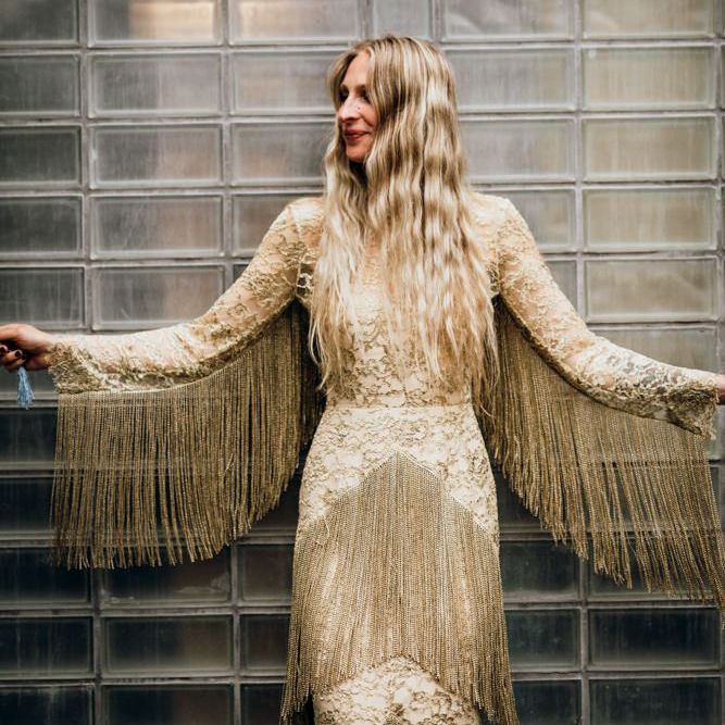 Bespoke Gold Wedding Dress with Lace and Fringe Detail by Fleetwood of London