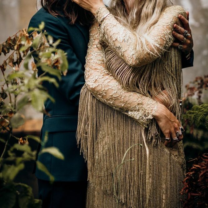 Fringe Detailed Gold Wedding Dress