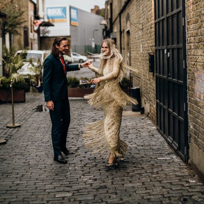 Fringe Detail Wedding Dress in Gold with Navy Suit