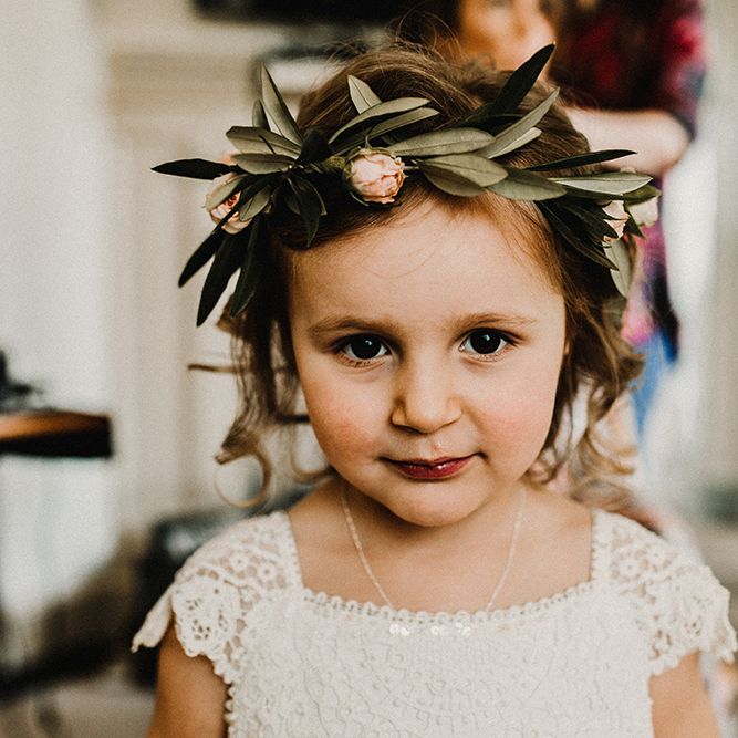 Flower Girl with Flower Crown | Hourglass Essense of Australia Wedding Dress for a Sophisticated Wedding at Combermere Abbey, Cheshire | Carla Blain Photography