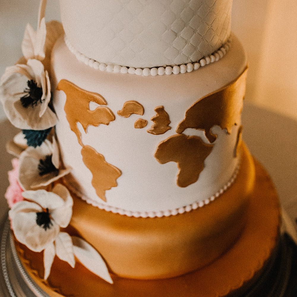 Wedding Cake with World Map Tier | Sophisticated Wedding at Combermere Abbey, Cheshire | Carla Blain Photography