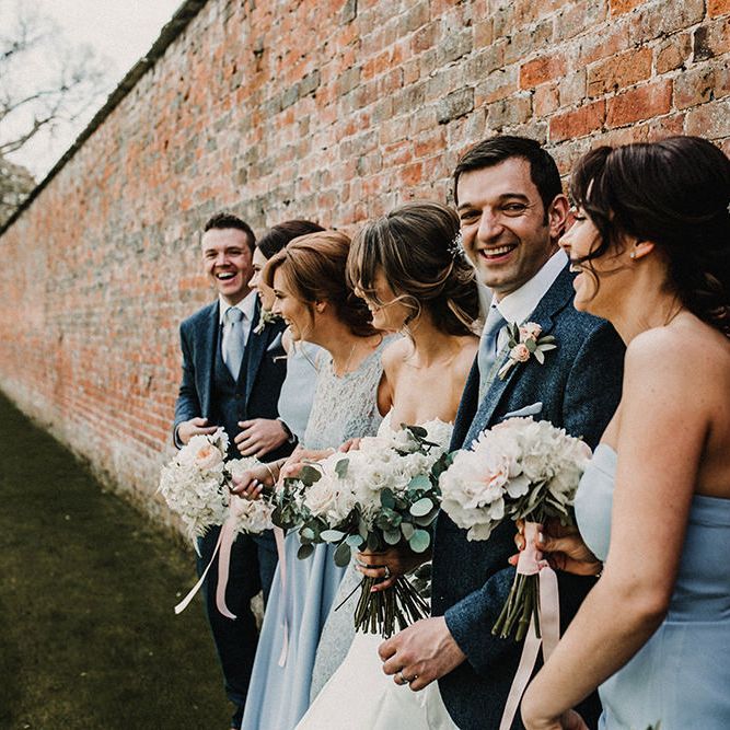 Wedding Party | Bride in Hourglass Essense of Australia Gown | Bridesmaids in Blue Dresses | Groom in Tweed Suit | Sophisticated Wedding at Combermere Abbey, Cheshire | Carla Blain Photography