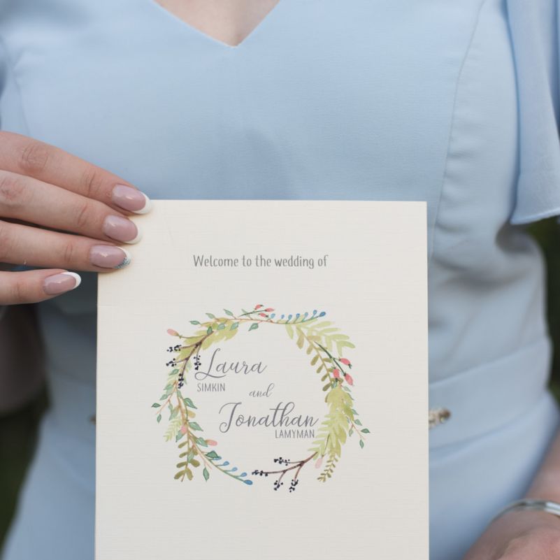 Wedding Order of Service | Bridesmaid in Baby Blue Dress by Quiz with V Neck and Short Floaty Sleeves | Morris Minor Wedding Car, Hanging Flowers in Bottles and Town Crier for Village Hall Wedding in Rye | Eleanor Jane Photography