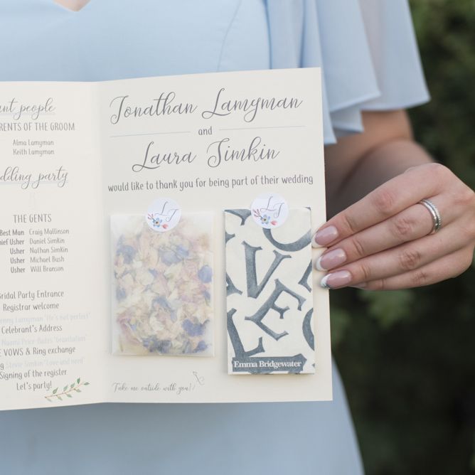 Wedding Order of Service | Bridesmaid in Baby Blue Dress by Quiz with V Neck and Short Floaty Sleeves | Morris Minor Wedding Car, Hanging Flowers in Bottles and Town Crier for Village Hall Wedding in Rye | Eleanor Jane Photography
