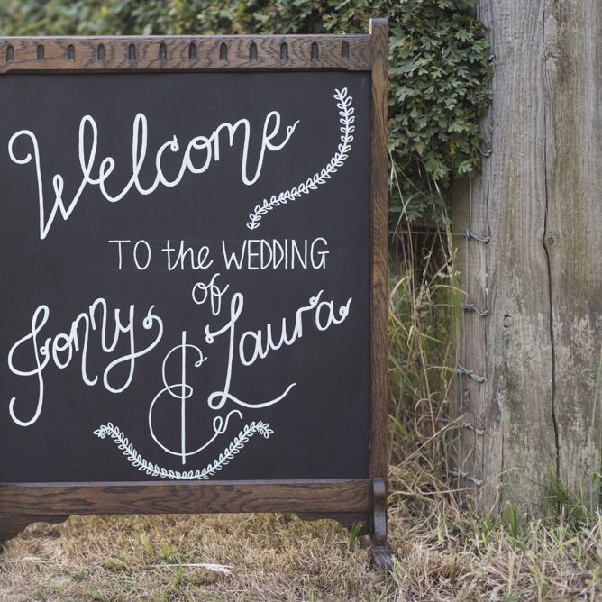 Chalkboard Welcome Sign | Morris Minor Wedding Car, Hanging Flowers in Bottles and Town Crier for Village Hall Wedding in Rye | Eleanor Jane Photography