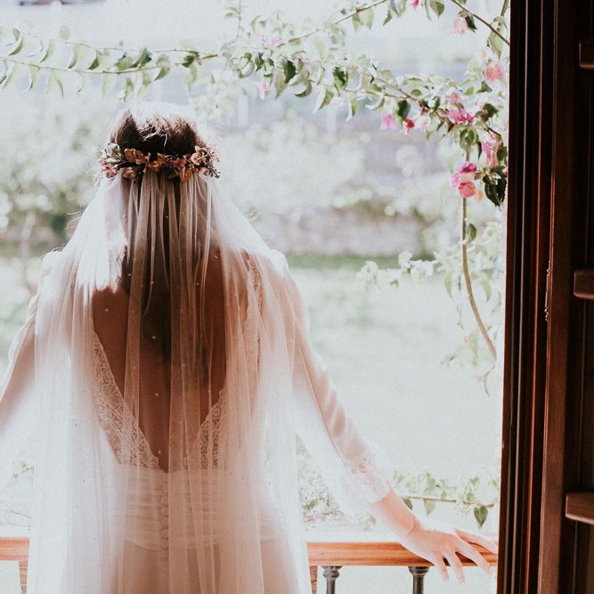 Bride in Nicolás Costura Bridal Gown | Tocados Le Touquet Headpiece | Romantic Spanish Wedding at La Salgar Restaurant in Asturias | La Mar Studio Photography