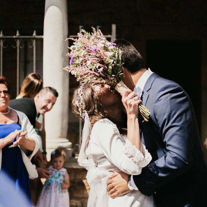 Confetti Moment | Bride in Nicolás Costura Bridal Gown | Tocados Le Touquet Headpiece | Groom in Navy Suit | Romantic Spanish Wedding at La Salgar Restaurant in Asturias | La Mar Studio Photography