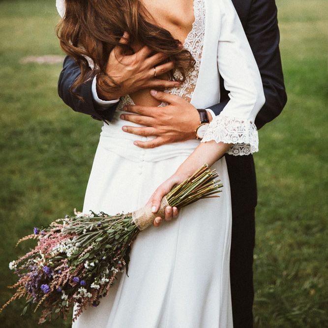 Bride in Nicolás Costura Bridal Gown | Tocados Le Touquet Headpiece | Groom in Navy Suit | Romantic Spanish Wedding at La Salgar Restaurant in Asturias | La Mar Studio Photography