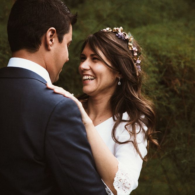 Bride in Nicolás Costura Bridal Gown | Tocados Le Touquet Headpiece | Groom in Navy Suit | Romantic Spanish Wedding at La Salgar Restaurant in Asturias | La Mar Studio Photography
