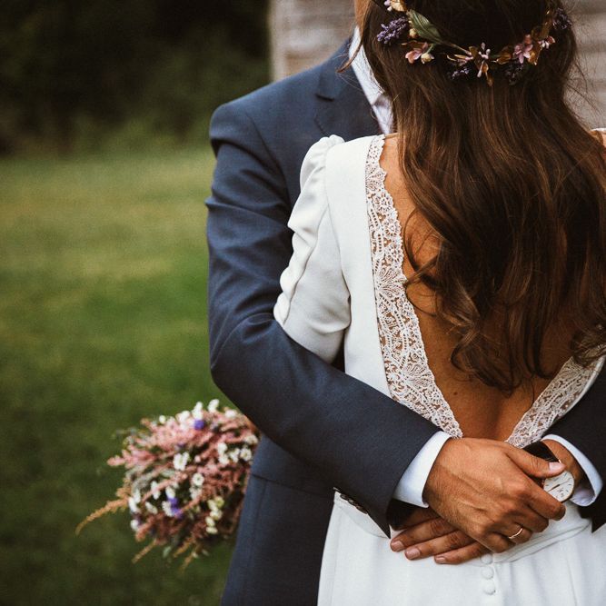 Bride in Nicolás Costura Bridal Gown | Tocados Le Touquet Headpiece | Groom in Navy Suit | Romantic Spanish Wedding at La Salgar Restaurant in Asturias | La Mar Studio Photography