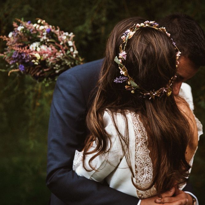 Bride in Nicolás Costura Bridal Gown | Tocados Le Touquet Headpiece with Wavy Hair  | Romantic Spanish Wedding at La Salgar Restaurant in Asturias | La Mar Studio Photography