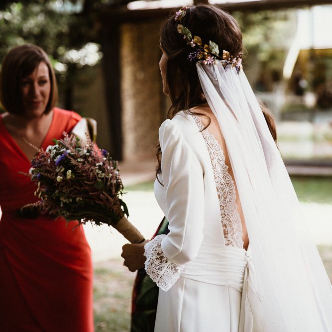 Bride in Nicolás Costura Bridal Gown | Tocados Le Touquet Headpiece with Wavy Hair  | Romantic Spanish Wedding at La Salgar Restaurant in Asturias | La Mar Studio Photography