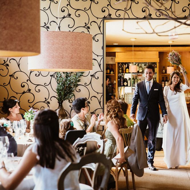 Bride in Nicolás Costura Bridal Gown | Tocados Le Touquet Headpiece | Groom in Navy Suit | Romantic Spanish Wedding at La Salgar Restaurant in Asturias | La Mar Studio Photography