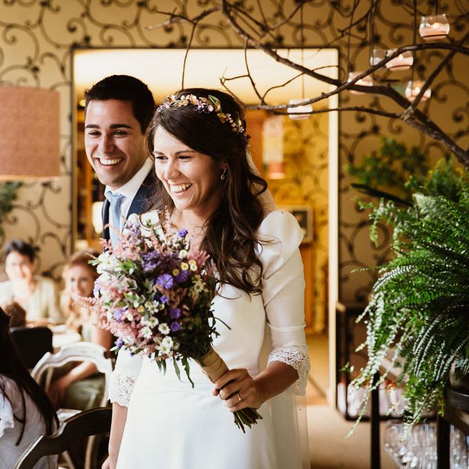 Bride in Nicolás Costura Bridal Gown | Tocados Le Touquet Headpiece | Groom in Navy Suit | Romantic Spanish Wedding at La Salgar Restaurant in Asturias | La Mar Studio Photography