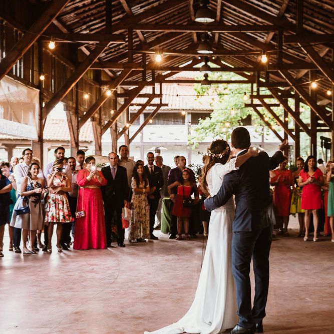First Dance | Bride in Nicolás Costura Bridal Gown | Tocados Le Touquet Headpiece | Groom in Navy Suit | Romantic Spanish Wedding at La Salgar Restaurant in Asturias | La Mar Studio Photography
