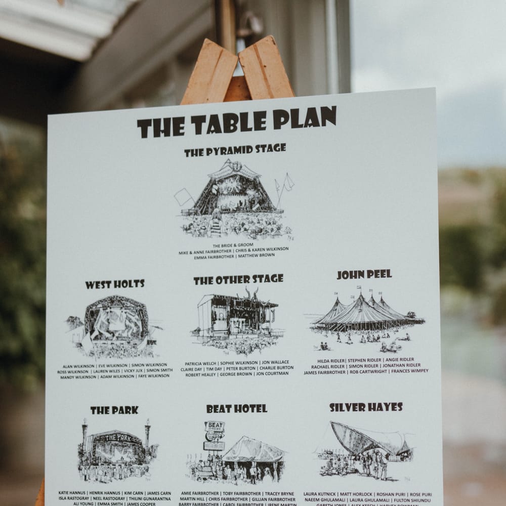 Glastonbury Themed Table Plan For Wedding At Stone Barn Cotwolds With Groom In Cad &amp; The Dandy Images Meghan Lorna