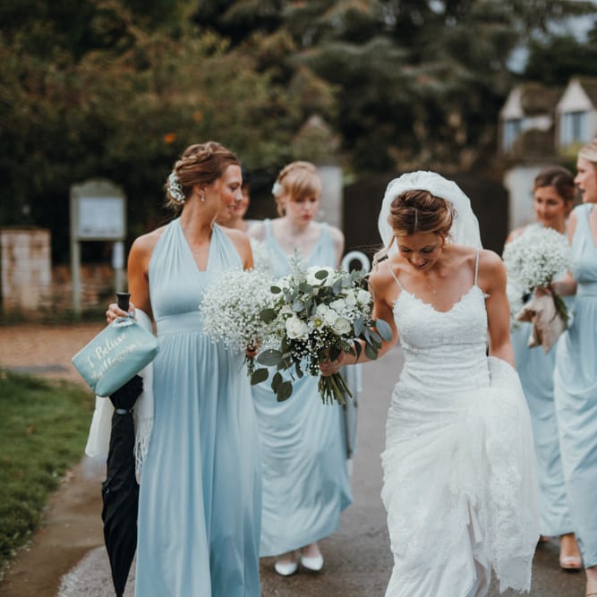 Bridesmaids In Baby Blue Multiway Dresses // Glastonbury Themed Table Plan For Wedding At Stone Barn Cotwolds With Groom In Cad &amp; The Dandy Images Meghan Lorna