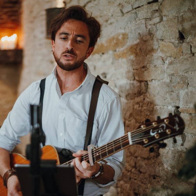 Acoustic Guitar For Wedding Ceremony // Glastonbury Themed Table Plan For Wedding At Stone Barn Cotwolds With Groom In Cad &amp; The Dandy Images Meghan Lorna